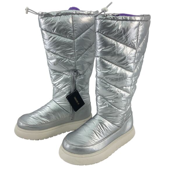 Forever 21 Silver Metallic Puffer Platform Snow Boots Women’s Size 7.5 NWT - Picture 1 of 6